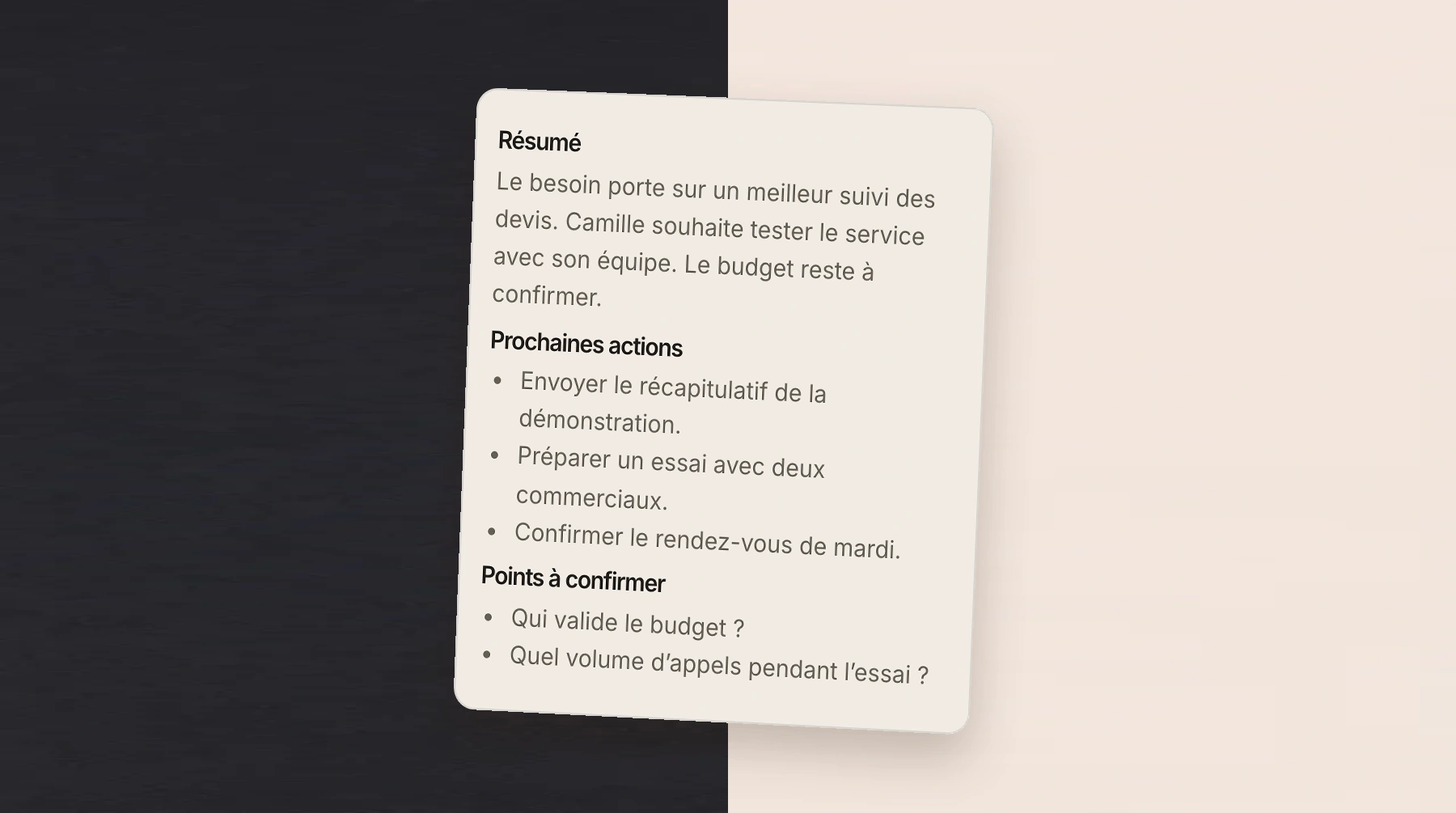 Compte rendu avec résumé, prochaines actions et points à confirmer